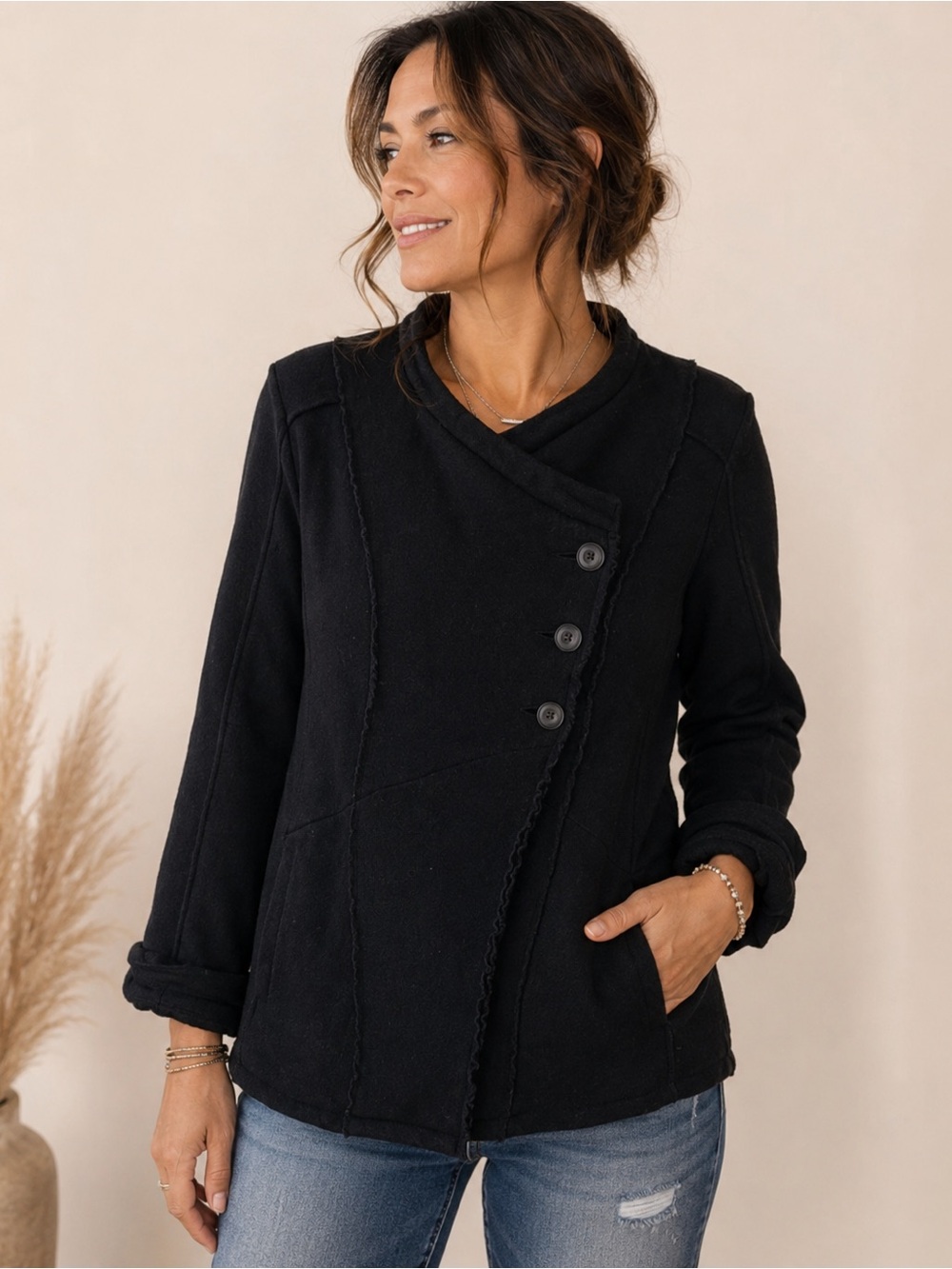 Free People Wool Blend Jacket Women 4 Black Like New Asymmetrical Military‎ Boho